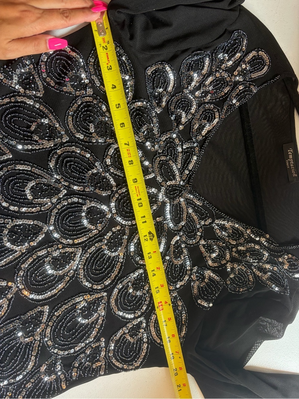 Vintage Size Large Black Beaded Silver Sequin Sheer Top Whimsigoth Gothic Y2K - Picture 10 of 11